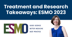 Photo of the author, Dr. Amy Moore and the blog title: Treatment and Research Takeaways ESMO 2023