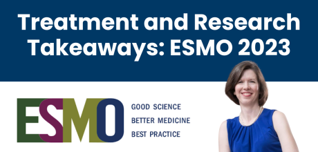Photo of the author, Dr. Amy Moore and the blog title: Treatment and Research Takeaways ESMO 2023