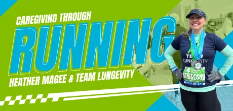 Heather running a marathon in Team LUNGevity gear