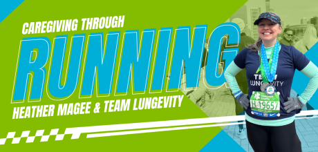 Heather running a marathon in Team LUNGevity gear