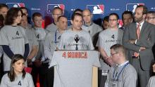 Josh Rawitch (center) stands with LUNGevity President Andrea Ferris (left) and Ben Barlow (right), husband of the late Orioles PR Director Monica Barlow, to announce MLB’s support of LUNGevity through the Winter Meetings Auction. Photo Credit: Major League Baseball Josh Rawitch, LUNGevity's September Hero