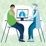 Patient sitting with oncologist at table