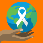 Hand holding a world globe with white lung cancer ribbon